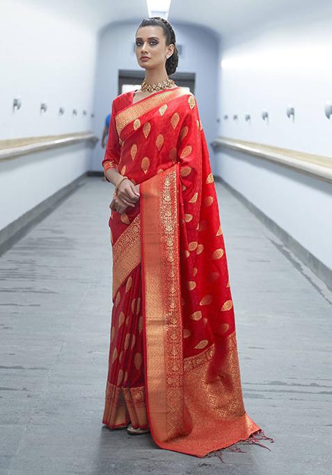 Red Zari Woven Silk Saree Set