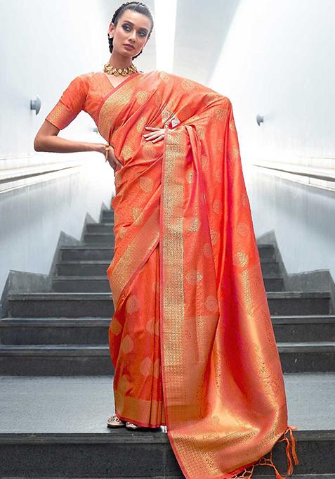 Orange Zari Woven Silk Saree Set