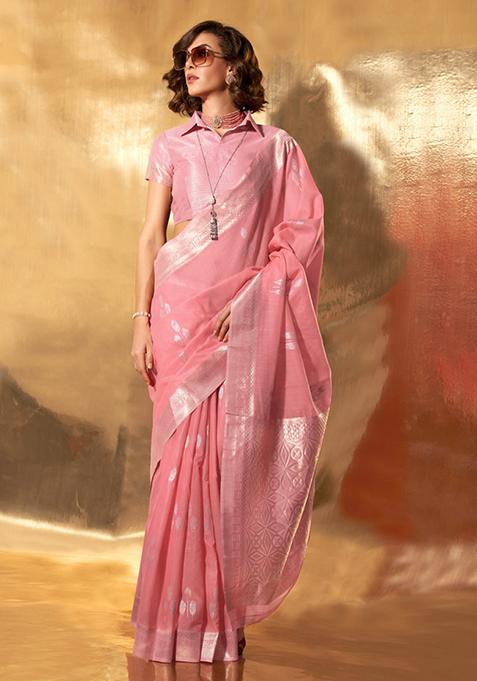 Pink Zari Woven Silk Saree Set