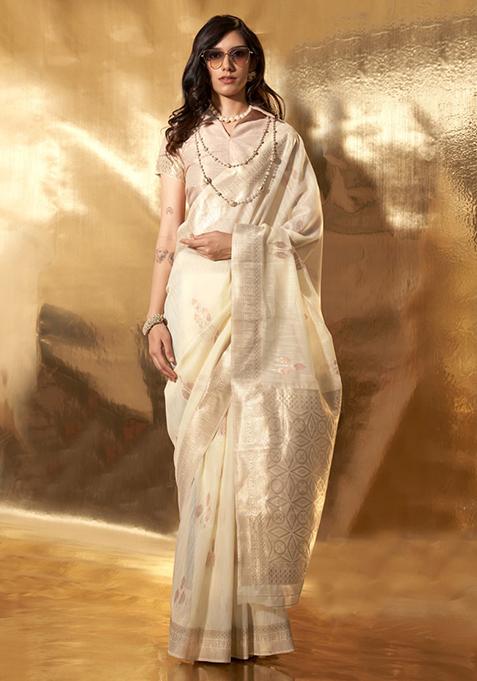 Cream Zari Woven Silk Saree Set