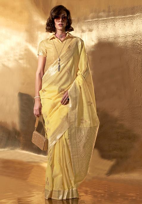 Yellow Zari Woven Silk Saree Set