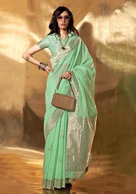 Sea Green Zari Woven Silk Saree Set