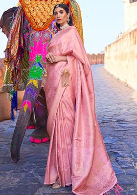 Pink Zari Woven Art Silk Saree Set