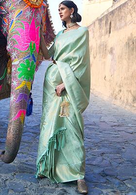 Sea Green Zari Woven Art Silk Saree Set