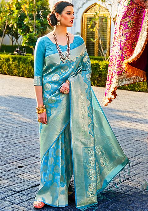 Sea Blue Zari Woven Silk Saree Set