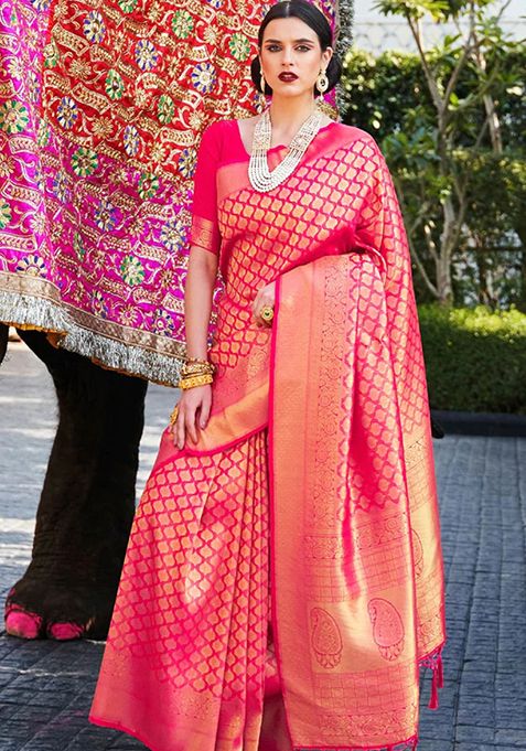 Rani Pink Zari Woven Silk Saree Set