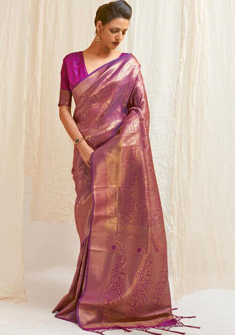 Purple Zari Woven Art Silk Saree Set