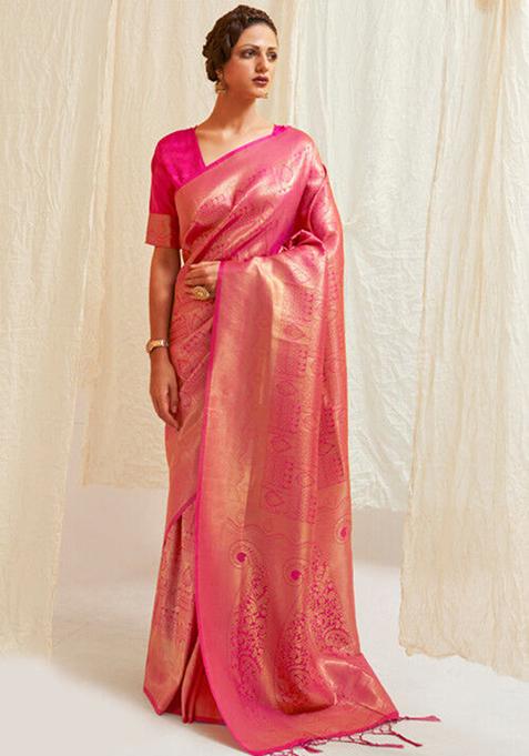 Rani Pink Zari Woven Art Silk Saree Set