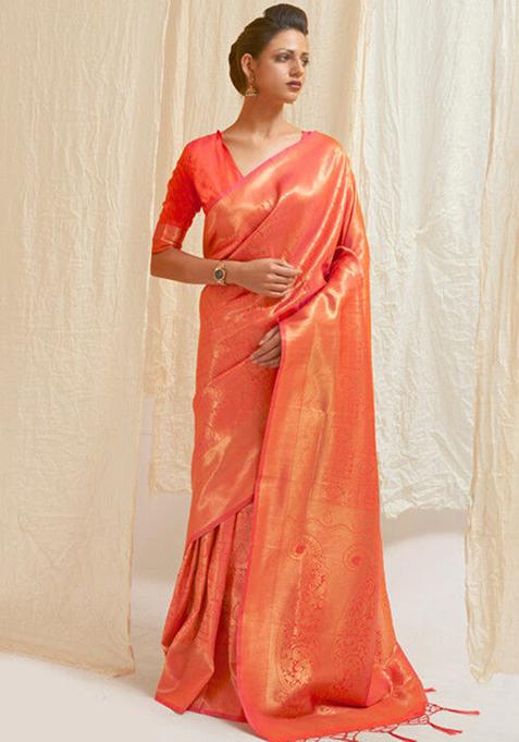 Orange Zari Woven Art Silk Saree Set