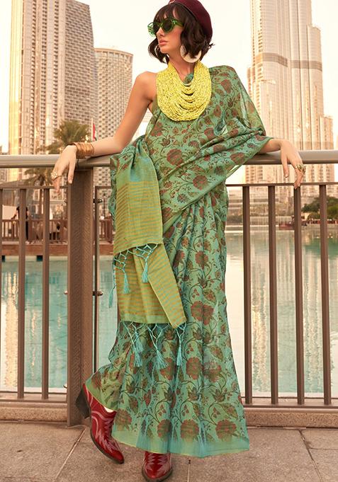 Green Zari Woven Tissue Saree Set