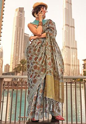 Blue Zari Woven Tissue Saree Set