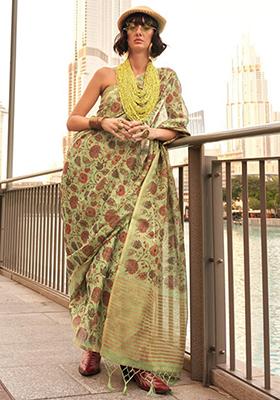 Parrot Green Zari Woven Tissue Saree Set