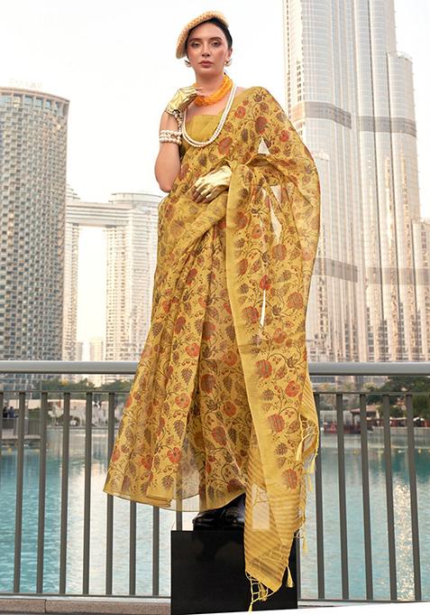 Yellow Zari Woven Tissue Saree Set