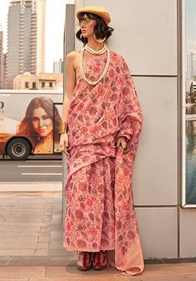 Pink Zari Woven Tissue Saree Set