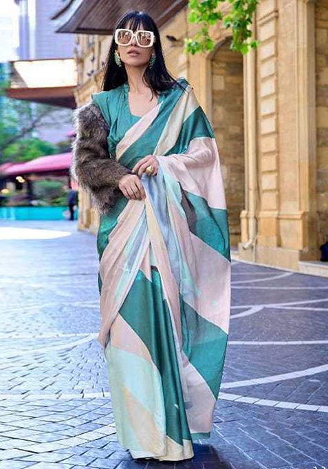 Teal Zari Woven Satin Silk Saree Set