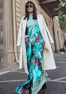 Sky Blue Zari Woven Satin Silk Saree Set