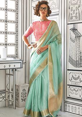 Sky Blue Zari Woven Chiffon Saree Set