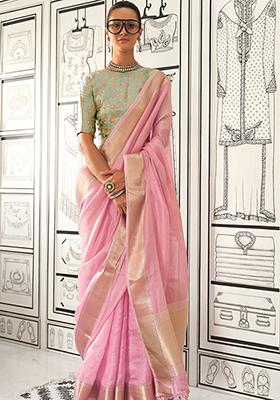 Pink Zari Woven Chiffon Saree Set
