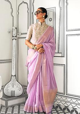 Cream Zari Woven Chiffon Saree Set