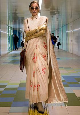 Cream Zari Woven Linen Saree Set