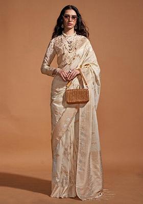 Cream Zari Woven Soft Silk Saree Set