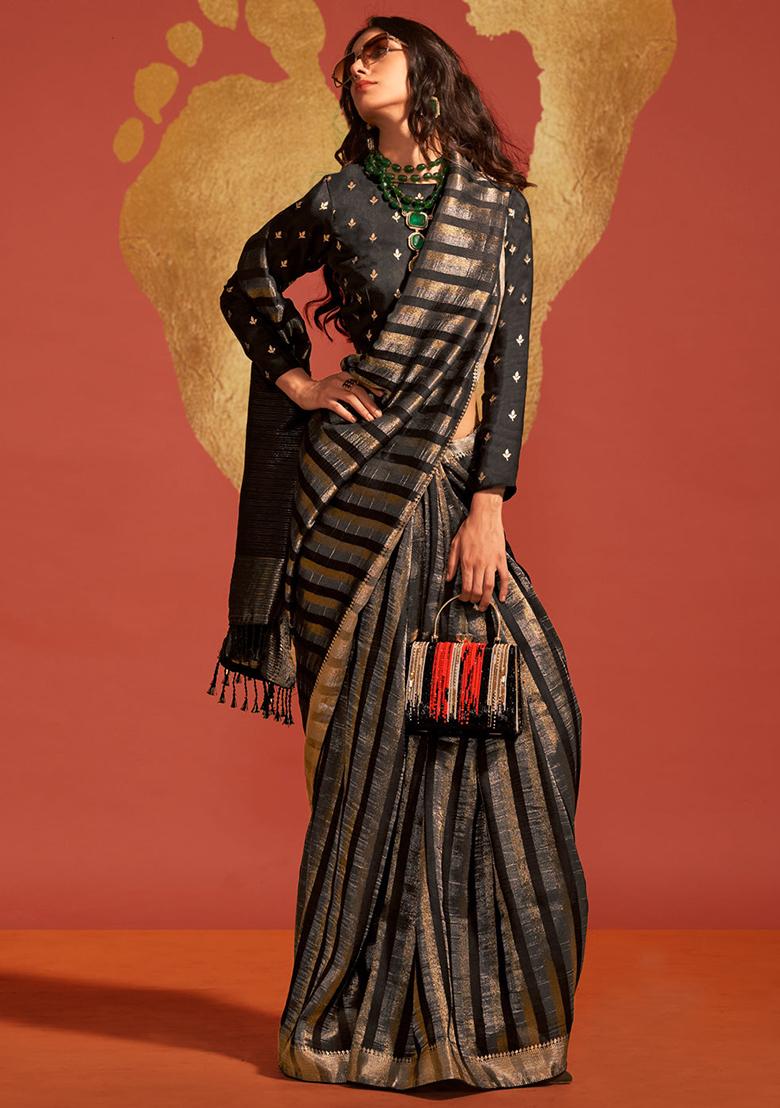 Black Zari Woven Soft Silk Saree Set - Indya