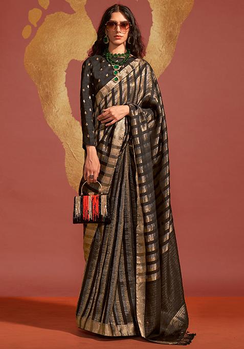 Black Zari Woven Soft Silk Saree Set