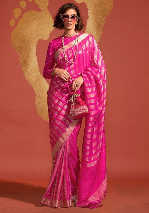 Rani Pink Zari Woven Soft Silk Saree Set