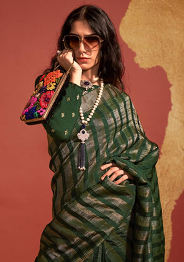 Green Zari Woven Soft Silk Saree Set - Indya