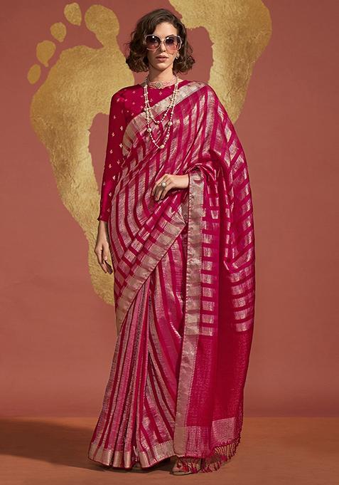 Pink Zari Woven Soft Silk Saree Set