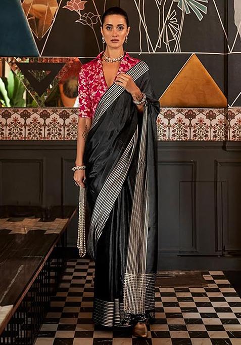 Black Zari Woven Silk Saree Set