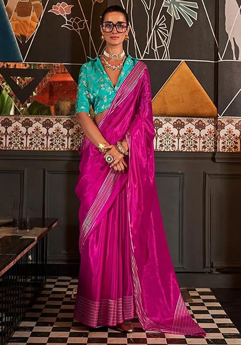 Pink Zari Woven Silk Saree Set
