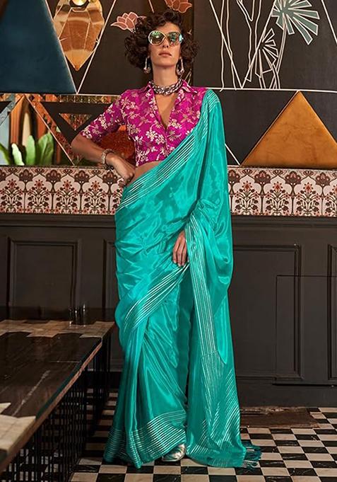 Teal Zari Woven Silk Saree Set