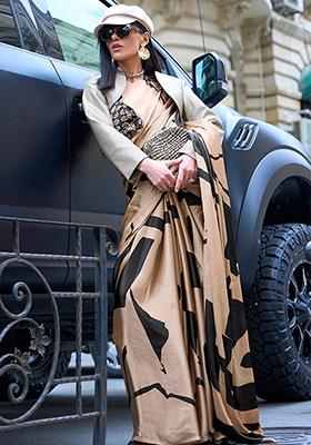 Chiku Brown Zari Woven Silk Blend Saree Set