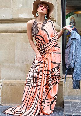 Orange Zari Woven Silk Blend Saree Set