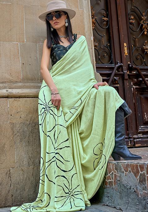 Light Green Zari Woven Silk Blend Saree Set