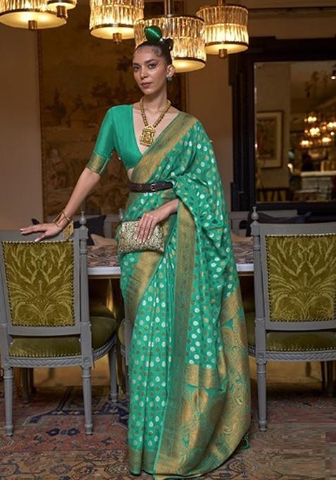 Rama Green Zari Woven Silk Blend Saree Set