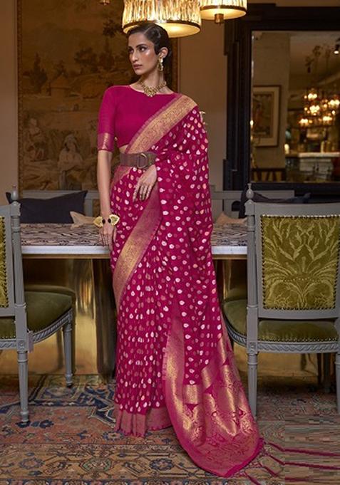 Pink Zari Woven Silk Blend Saree Set