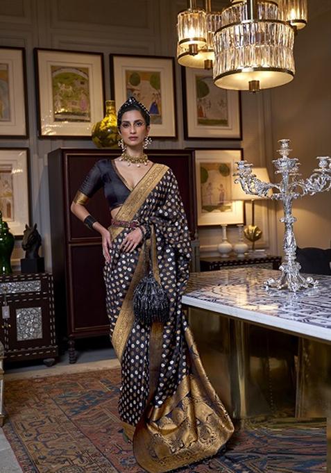 Black Zari Woven Silk Blend Saree Set