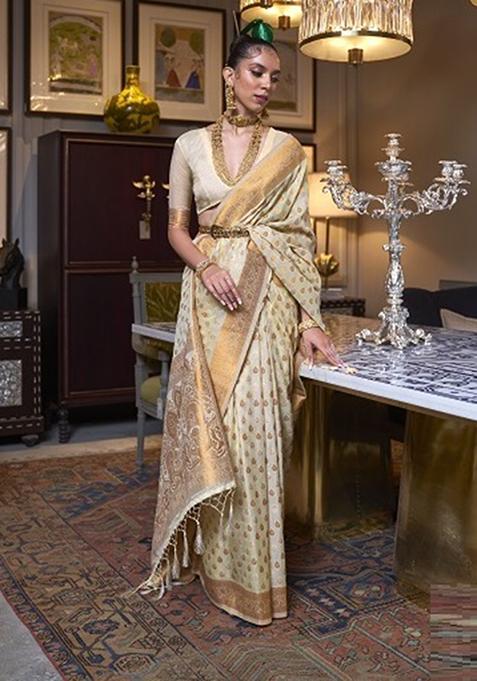 Cream Zari Woven Silk Blend Saree Set