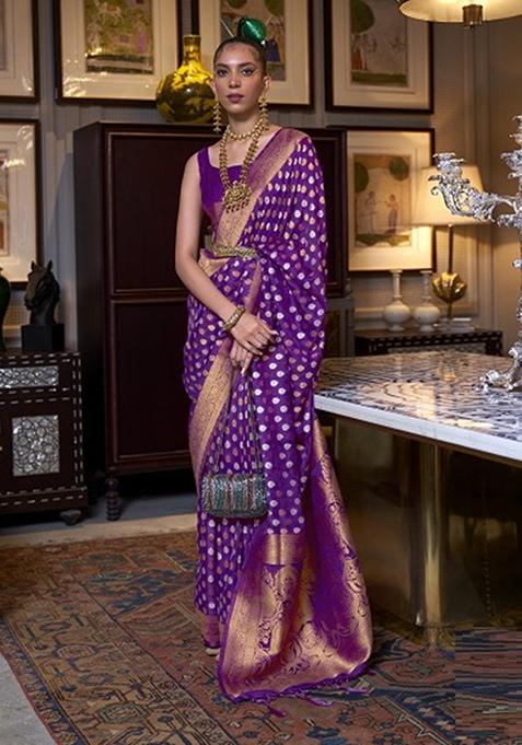 Purple Zari Woven Silk Blend Saree Set