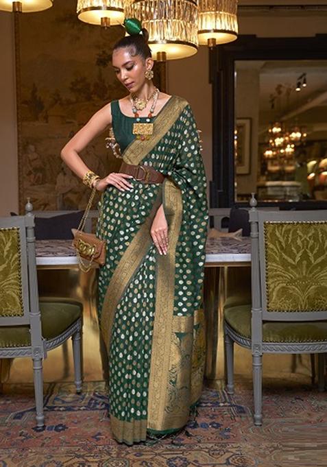 Green Zari Woven Silk Blend Saree Set