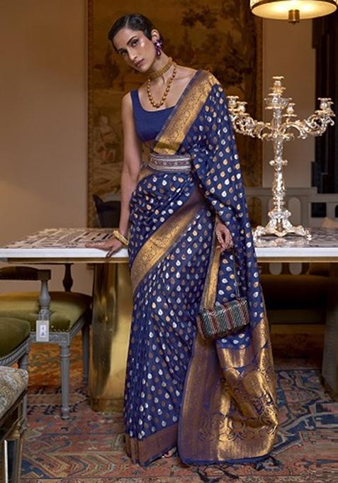 Blue Zari Woven Silk Blend Saree Set