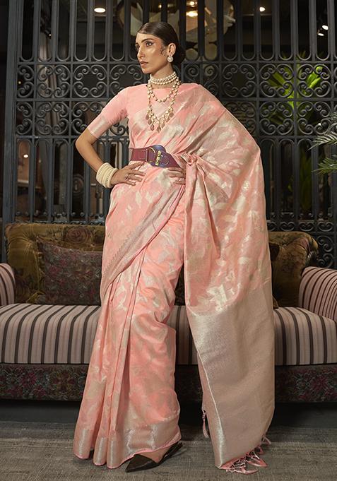 Peach Zari Woven Silk Blend Saree Set