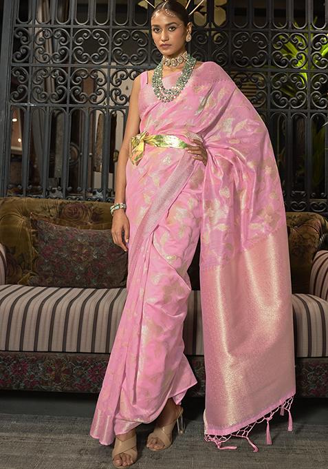 Pink Zari Woven Silk Blend Saree Set
