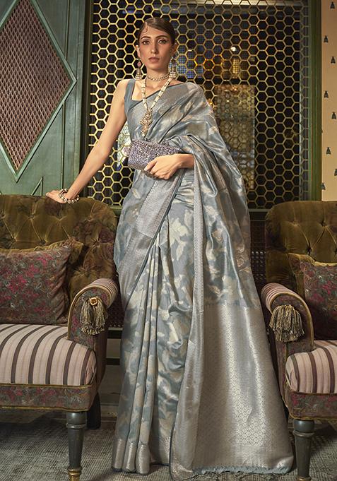 Grey Zari Woven Silk Blend Saree Set