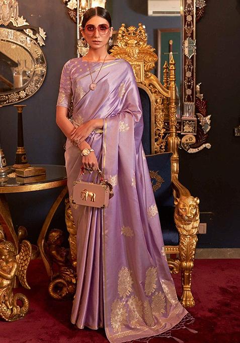 Purple Zari Woven Silk Blend Saree Set