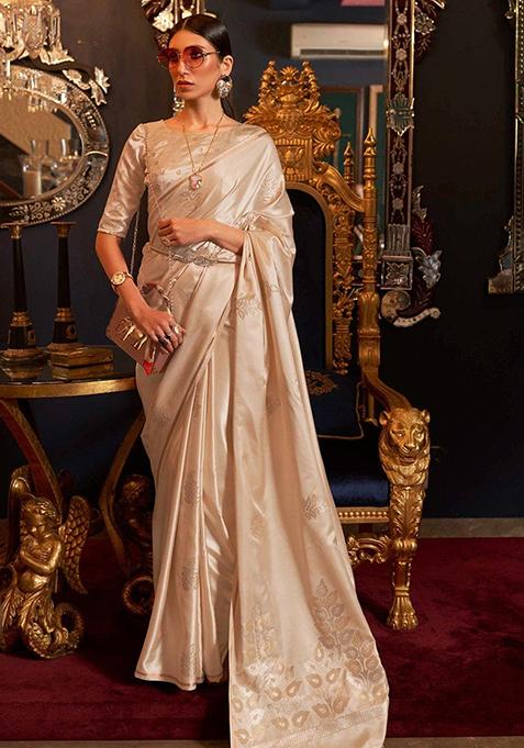 Cream Zari Woven Silk Blend Saree Set