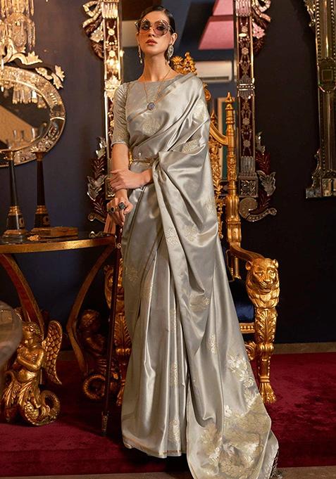 Grey Zari Woven Silk Blend Saree Set