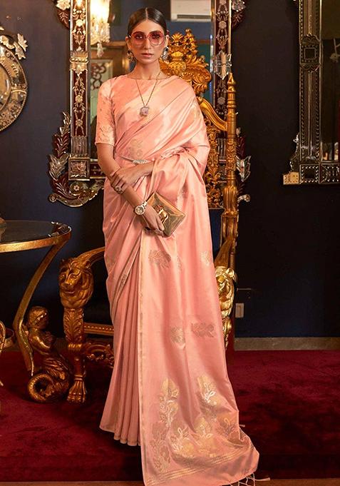 Peach Zari Woven Silk Blend Saree Set